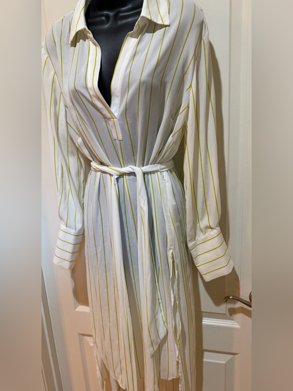 NWT New York & Company White and Yellow Striped Midi Shirt Dress size L - Picture 4 of 5